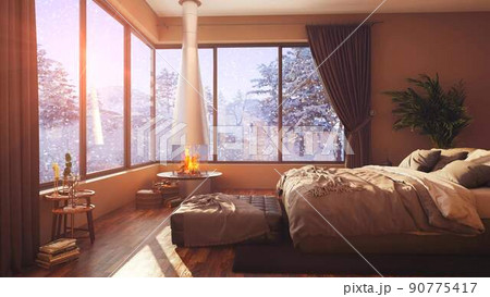A hotel room with a bed and a large window with winter background 3d illustration 90775417