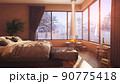 A hotel room with a bed and a large window with winter background 3d illustration 90775418