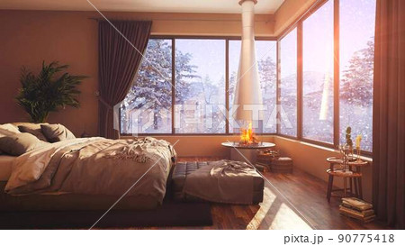 A hotel room with a bed and a large window with winter background 3d illustration 90775418