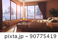 A hotel room with a bed and a large window with winter background 3d illustration 90775419