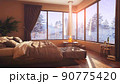 A hotel room with a bed and a large window with winter background 3d illustration 90775420