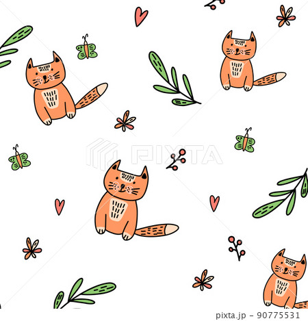 Cute red cat, flowers and butterfly 90775531
