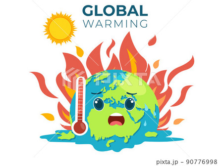 Global Warming Cartoon Style Illustration with Planet Earth in a Melting or Burning State and Image Sun to Prevent Damage to Nature and Climate Change Global Warming Cartoon Style Illustration with Planet Earth in a Melting or Burning State and Image Sun to Prevent Damage to Nature and Climate Change 90776998