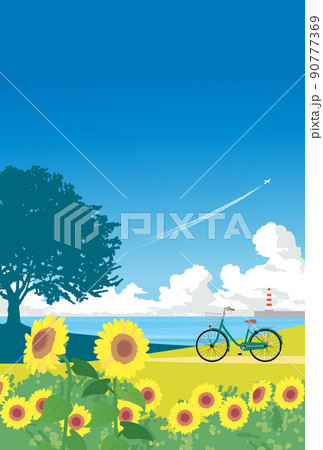 海が見えるひまわりの丘と自転車 90777369