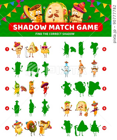 Shadow match game of cartoon tex-mex mexican food characters. Vector worksheet of kids education puzzle, riddle or quiz with funny burrito, taco, nachos and chili pepper, quesadilla, churros, tamale 90777782
