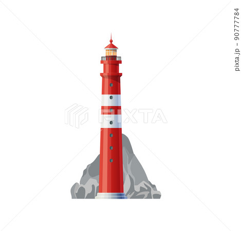 Sea lighthouse building with red and white stripes. Coastal lighthouse lantern building, nautical beacon vector icon. Navigation safety, maritime travel symbol. Lighthouse tower on sea coast Sea lighthouse building with red and white stripes. Coastal lighthouse lantern building, nautical beacon vector icon. Navigation safety, maritime travel symbol. Lighthouse tower on sea coast 90777784