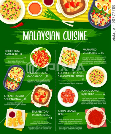Malaysian cuisine restaurant vegetable meals menu. Eggs Sambal Telur, salad Gado Gado and soup Nyonya, tofu Tauhu Sumbat, cucumber pineapple salad Kerabu Timun and donut Kuih Keria, sesame beef vector 90777789