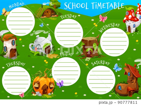 Education timetable schedule cartoon village of gnome or elf houses. Vector school lessons weekly planner template with mushroom, teapot, old boot and amanita, pumpkin, hillock and stump homes frame 90777811