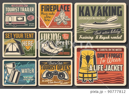 Outdoor recreation and tourism hobby retro banners. Caravan towed trailer, kayak and tourist tent, hiking boots, life jacket and binoculars vector. Water and fire danger warnings vintage posters Outdoor recreation and tourism hobby retro banners. Caravan towed trailer, kayak and tourist tent, hiking boots, life jacket and binoculars vector. Water and fire danger warnings vintage posters 90777812