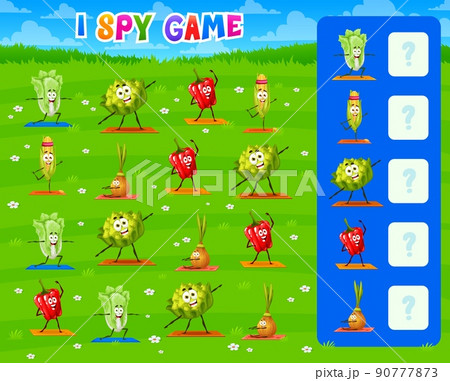 I spy game worksheet, cartoon vegetables on yoga fitness, Vector kids puzzle tabletop riddle game to find and match funny corn and pepper with onion and romanesco cabbage on yoga or sport training I spy game worksheet, cartoon vegetables on yoga fitness, Vector kids puzzle tabletop riddle game to find and match funny corn and pepper with onion and romanesco cabbage on yoga or sport training 90777873