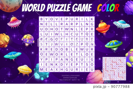 Cartoon starships and spacecrafts in galaxy, word search puzzle game, vector worksheet. Kids quiz or riddle grid to search and find word fantastic galaxy planets, alien UFO and in cosmic world Cartoon starships and spacecrafts in galaxy, word search puzzle game, vector worksheet. Kids quiz or riddle grid to search and find word fantastic galaxy planets, alien UFO and in cosmic world 90777988