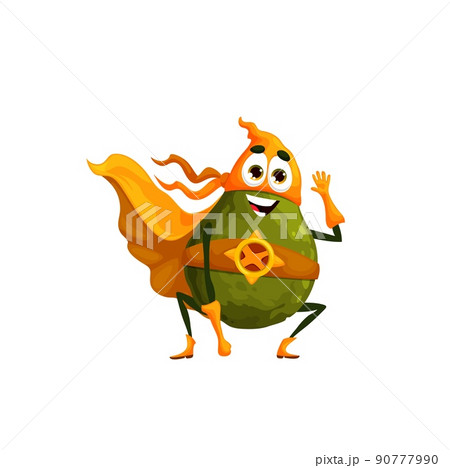 Cartoon funny avocado superhero character, isolated vector vegetable or fruit super hero. Kids menu food personage in yellow cape and mask waving hand. Fairytale, healthy food Cartoon funny avocado superhero character, isolated vector vegetable or fruit super hero. Kids menu food personage in yellow cape and mask waving hand. Fairytale, healthy food 90777990
