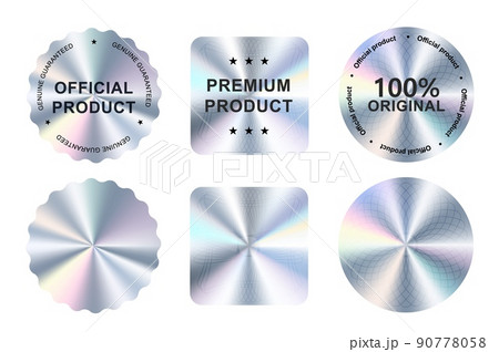 Hologram stickers, holographic labels with silver texture, vector original product stamp. Hologram sticker for official product guarantee and premium quality 100 percent genuine holographic seal 90778058
