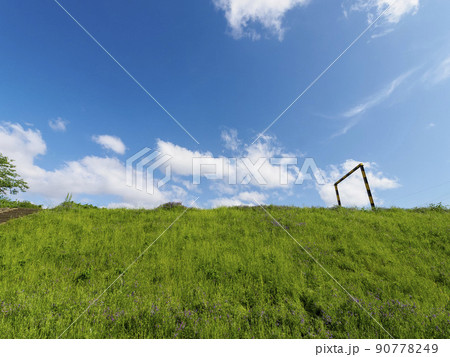 新緑の堤防と青空の風景 90778249