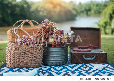 picnic set in the park near river, dried flowers, baskets wine bottle, book and retro gramophone vinyl record. Summer, spring and vacation concept 90780167