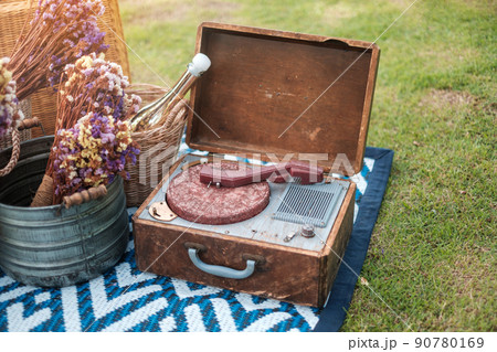 picnic set in the park near river, dried flowers, baskets wine bottle, book and retro gramophone vinyl record. Summer, spring and vacation concept picnic set in the park near river, dried flowers, baskets wine bottle, book and retro gramophone vinyl record. Summer, spring and vacation concept 90780169