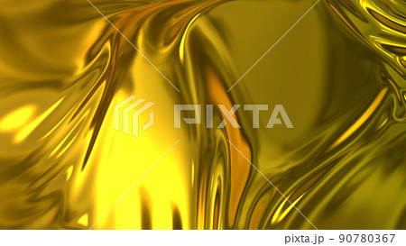 3D render beautiful folds of golden silk in full screen, like a beautiful clean fabric background like gold foil. Simple soft background with smooth folds like waves on a liquid surface. 90780367