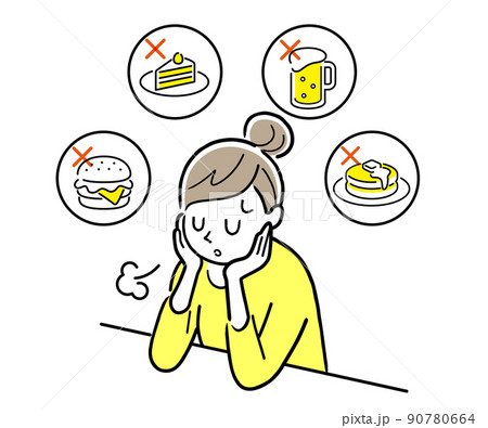 ベクターイラスト素材:ダイエット中、食事を我慢する女性 ベクターイラスト素材:ダイエット中、食事を我慢する女性 90780664