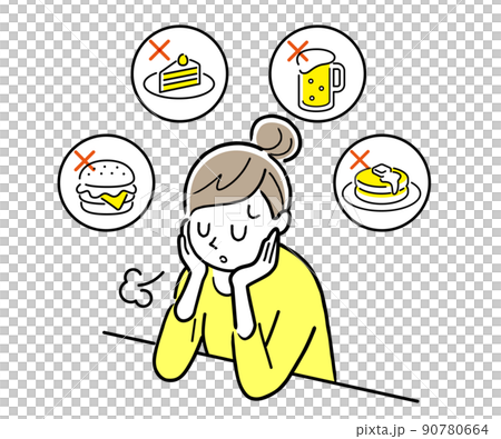 ベクターイラスト素材:ダイエット中、食事を我慢する女性 ベクターイラスト素材:ダイエット中、食事を我慢する女性 90780664