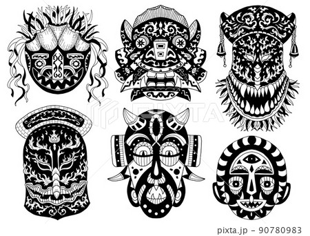 Design vector collection of black and white ethnic african and asian masks, doodle hand drawn illustrations isolated on white 90780983