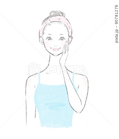 コットンで顔に化粧水をつける女性のイラスト コットンで顔に化粧水をつける女性のイラスト 90781276