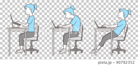 Woman doing desk work in correct posture, bad posture (stoop, sacral sitting), sideways, simple colors 90782352