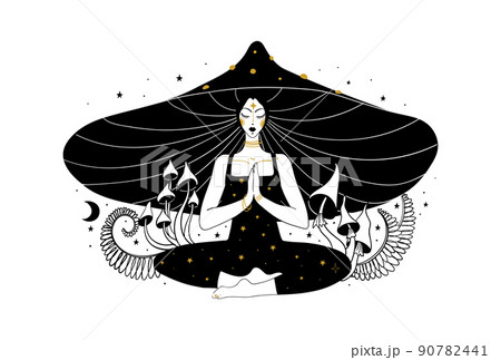 Meditating mushroom girl, concept of microdosing, drug trip, microdosing with fly agarics. Woman in mushroom hat in lotus position, relaxation and balance of mind. Sketch vector illustration with hand Meditating mushroom girl, concept of microdosing, drug trip, microdosing with fly agarics. Woman in mushroom hat in lotus position, relaxation and balance of mind. Sketch vector illustration with hand 90782441