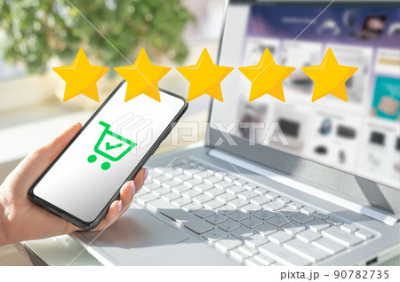 woman hands evaluate product purchased online. rating to the seller. five star rating. Rise on increasing five stars in human hand, Increase rating evaluation classification concept woman hands evaluate product purchased online. rating to the seller. five star rating. Rise on increasing five stars in human hand, Increase rating evaluation classification concept 90782735