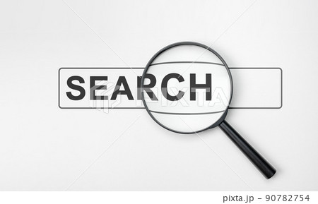 Magnifying glass with search bar on white background. Magnifier glass with search bar icon for SEO or Search Engine Optimisation wording concept. Magnifying glass with search bar on white background. Magnifier glass with search bar icon for SEO or Search Engine Optimisation wording concept. 90782754