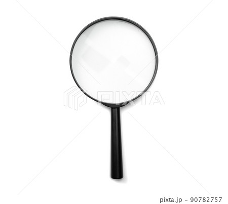 Magnifying glass black color isolated on white. Research, searching or investigating something. top view. Black Magnifying glass with soft shadow on white Magnifying glass black color isolated on white. Research, searching or investigating something. top view. Black Magnifying glass with soft shadow on white 90782757