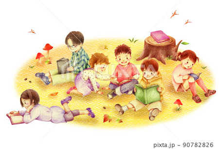 秋の野原で読書する子供たち　手描き色鉛筆画 90782826