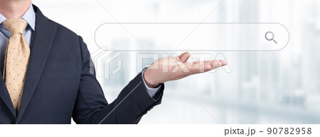 buisnessman hand show button of blank search bar screen background, business and technology concept, web banner, Search engine optimize concept 90782958