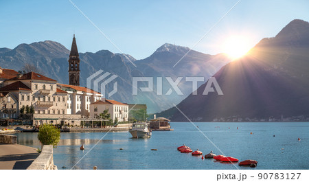 Historic town of Perast at Bay of Kotor in summer, Montenegro. Historic city of Perast in the Bay of Kotor in summer at sunset Historic town of Perast at Bay of Kotor in summer, Montenegro. Historic city of Perast in the Bay of Kotor in summer at sunset 90783127