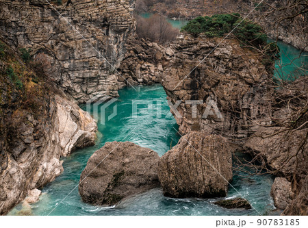 River Moraca, canyon Platije. montenegro, canyon, mountain road. Picturesque journey, beautiful mountain turquoise river River Moraca, canyon Platije. montenegro, canyon, mountain road. Picturesque journey, beautiful mountain turquoise river 90783185