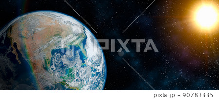 Planet Earth in the Starry Sky of Solar System in Space. Earth in the space. Blue planet for wallpaper. Green planet or Globe on galaxy. Elements of this image furnished by NASA 90783335