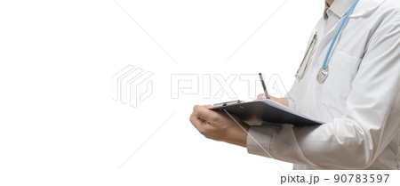 Doctor makes an entry in medical journal. male doctor holding medical records. Doctor with clinical journal of patients and endoscope isolated on white background 90783597