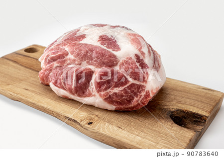 Raw pork on cutting board. Raw meat. Raw pork meat - neck or belly. Piece of fresh red meat on Butchery, market. isolated on white background 90783640
