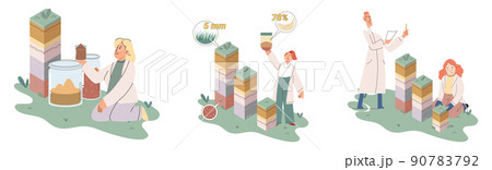 Soil analysis and earth pollution or structure control. Scientist measuring ground levels status metaphor 90783792