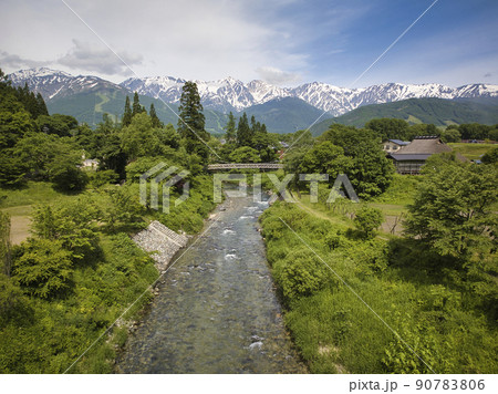 緑に包まれた大出の吊り橋と白馬連山の雄大な眺め 長野県白馬村(ドローンによる空撮) 緑に包まれた大出の吊り橋と白馬連山の雄大な眺め 長野県白馬村(ドローンによる空撮) 90783806