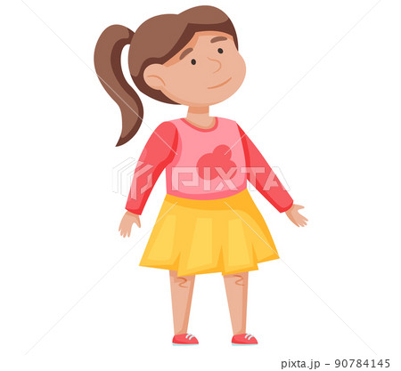 Young girl in casual clothing walking and looking up. Cute child looks at something behind her 90784145