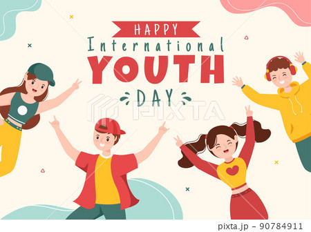 Happy International Youth Day Cute Cartoon Illustration with Young Boys and Girls For Campaign in Flat Style Background 90784911