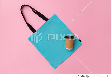 Textile shopping bag and coffee cup flat lay 90785664
