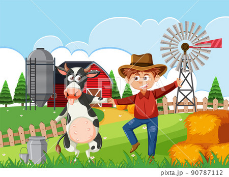 Happy farmer dancing with a cow Happy farmer dancing with a cow 90787112