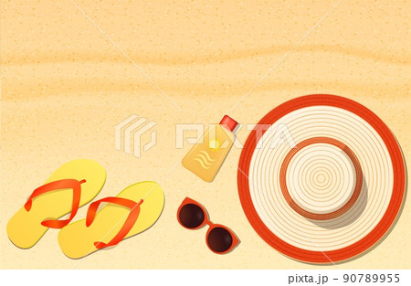 Summer hat, sunglasses, sun protection, flip-flops on sand. Top view. Beach holiday concept. Vector illustration Summer hat, sunglasses, sun protection, flip-flops on sand. Top view. Beach holiday concept. Vector illustration 90789955