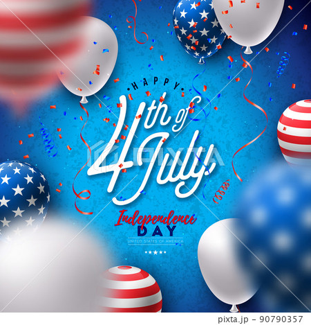 4th of July Independence Day of the USA Vector Illustration with American Flag Pattern Party Balloon and Falling Confetti on Blue Background. Fourth of July National Celebration Design for Banner 4th of July Independence Day of the USA Vector Illustration with American Flag Pattern Party Balloon and Falling Confetti on Blue Background. Fourth of July National Celebration Design for Banner 90790357