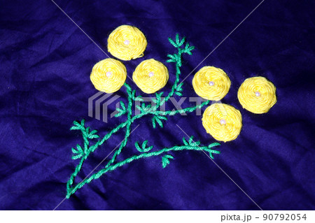 woolen handicraft work with circle frame on cloth 90792054