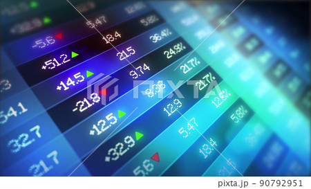 Digital animation of stock market prices passing by. 3d render abstract background stock market data on display. Financial stock market data tableau. Stock market indicators with floating data points. 90792951