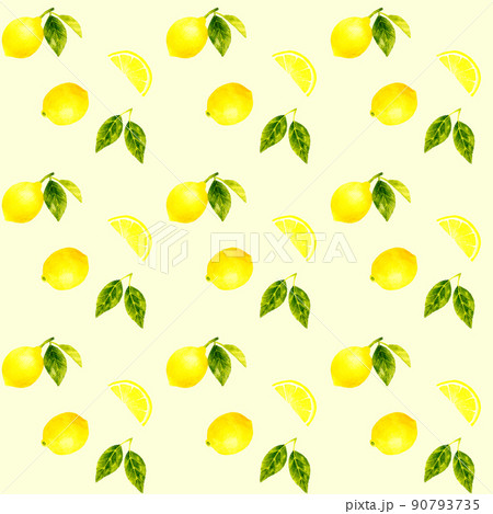 レモンのシームレスパターン　手描き水彩イラストのフルーツ柄テキスタイル 90793735