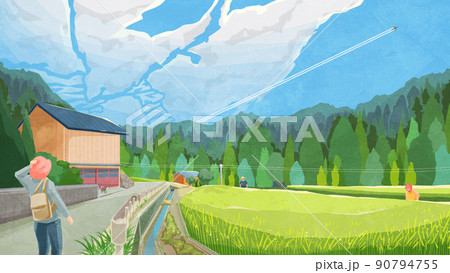 水田のある夏の日本の原風景手書き水彩風イラスト 水田のある夏の日本の原風景手書き水彩風イラスト 90794755