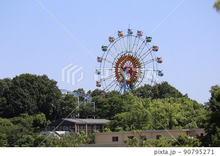 青空と緑の樹々の公園の中に観覧車のある遊園地の風景 90795271